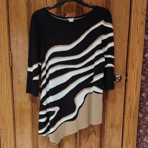 Chico's Black Knit Top with Asymmetrical Cream & Tan Stripes and Hem 2 (Large)